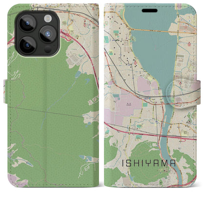 【石山（滋賀県）】地図柄iPhoneケース（手帳タイプ）ナチュラル・iPhone 15 Pro Max 用