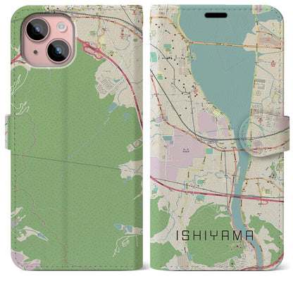 【石山（滋賀県）】地図柄iPhoneケース（手帳タイプ）ナチュラル・iPhone 15 Plus 用
