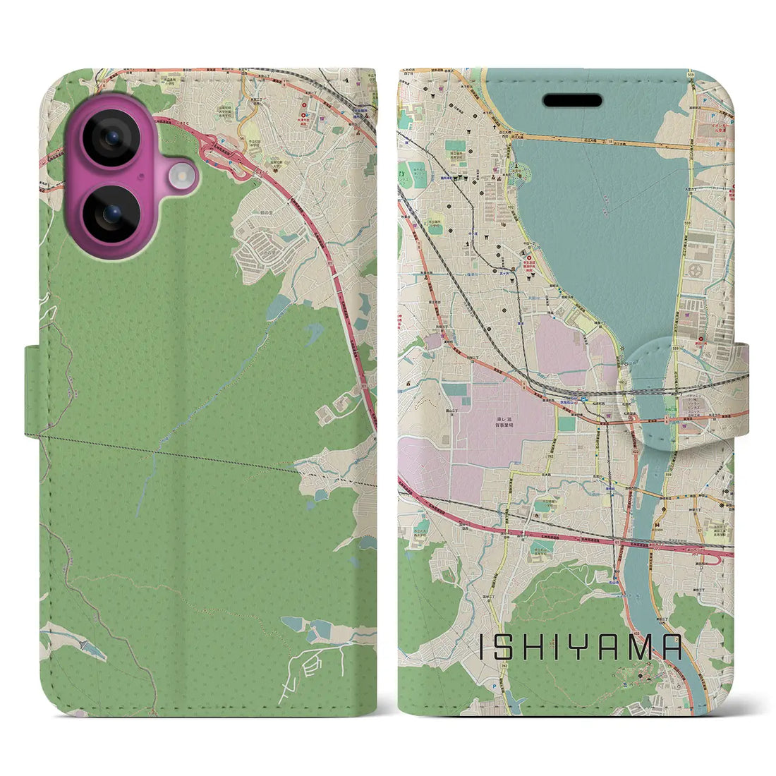 【石山（滋賀県）】地図柄iPhoneケース（手帳タイプ）ナチュラル・iPhone 16 Pro 用