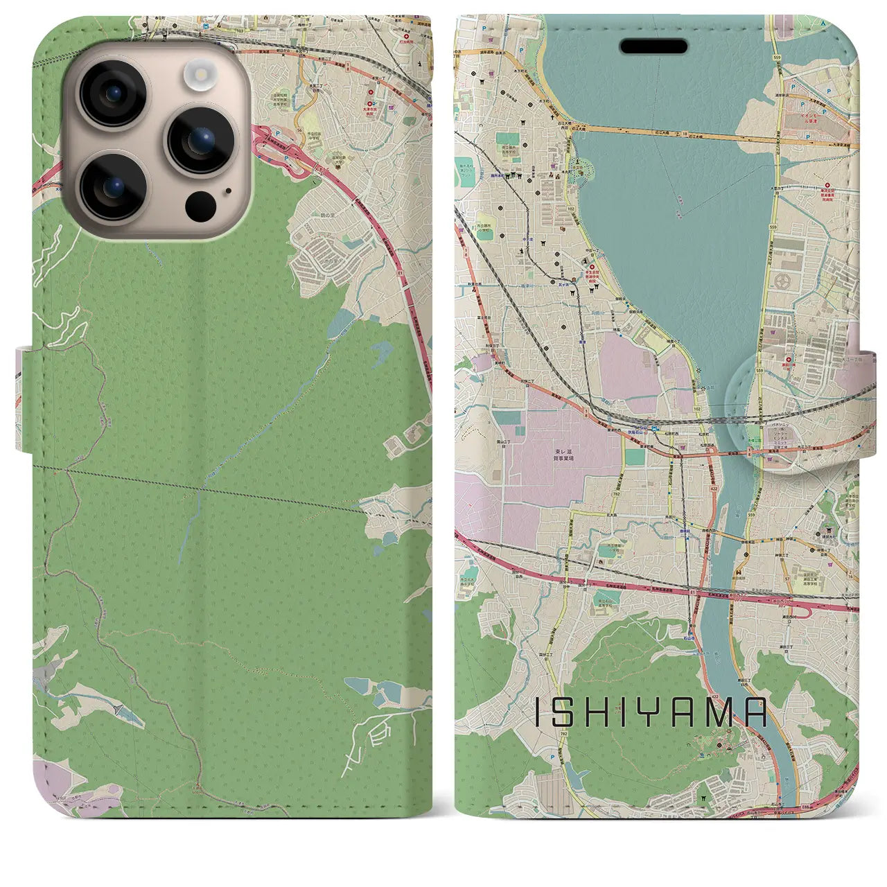 【石山（滋賀県）】地図柄iPhoneケース（手帳タイプ）ナチュラル・iPhone 16 Plus 用