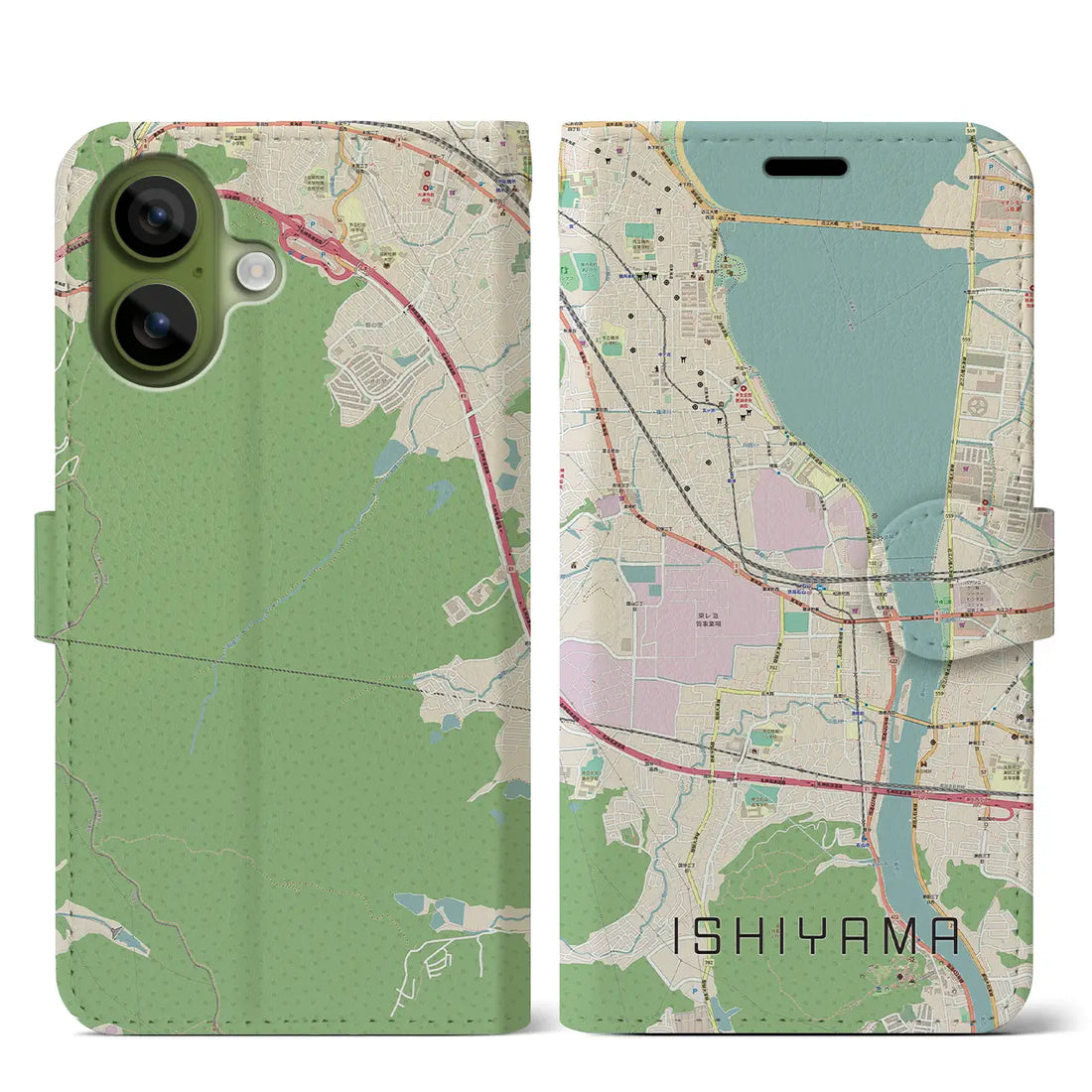 【石山(滋賀県)】地図柄iPhoneケース(手帳タイプ)ナチュラル・iPhone 17 Pro Max 用