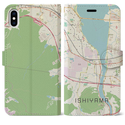 【石山（滋賀県）】地図柄iPhoneケース（手帳タイプ）ナチュラル・iPhone XS Max 用