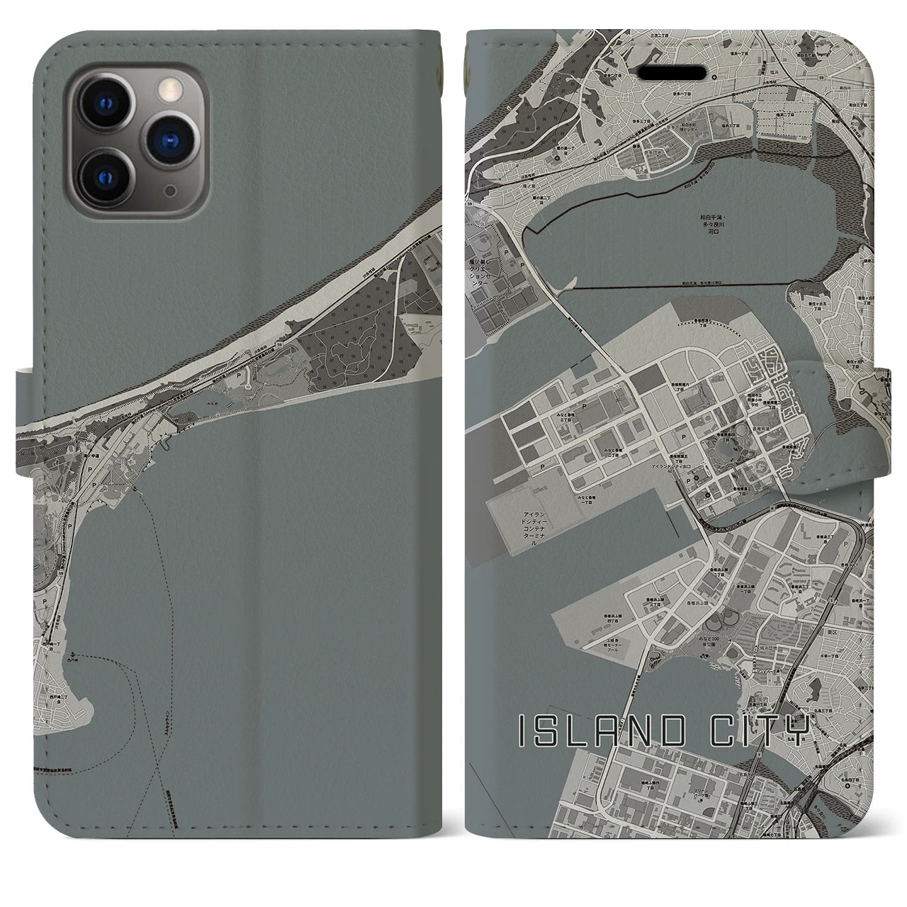 【アイランドシティ】地図柄iPhoneケース（手帳両面タイプ・モノトーン）iPhone 11 Pro Max 用