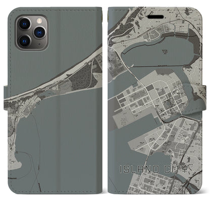 【アイランドシティ（福岡県）】地図柄iPhoneケース（手帳タイプ）モノトーン・iPhone 11 Pro Max 用