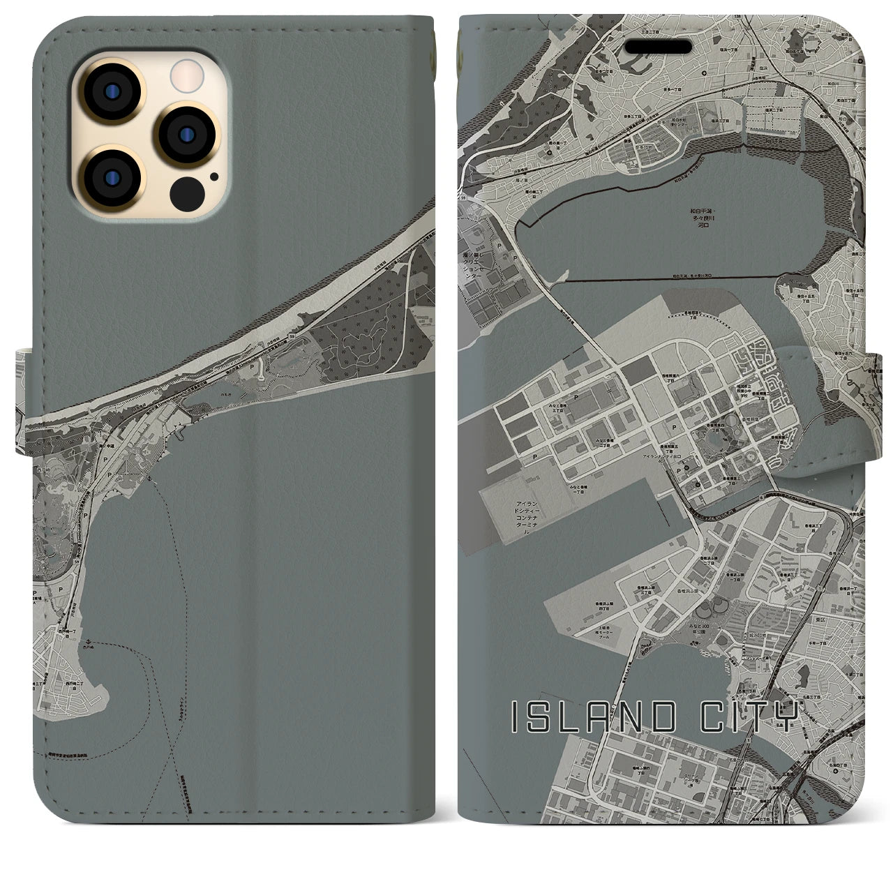 【アイランドシティ】地図柄iPhoneケース（手帳両面タイプ・モノトーン）iPhone 12 Pro Max 用