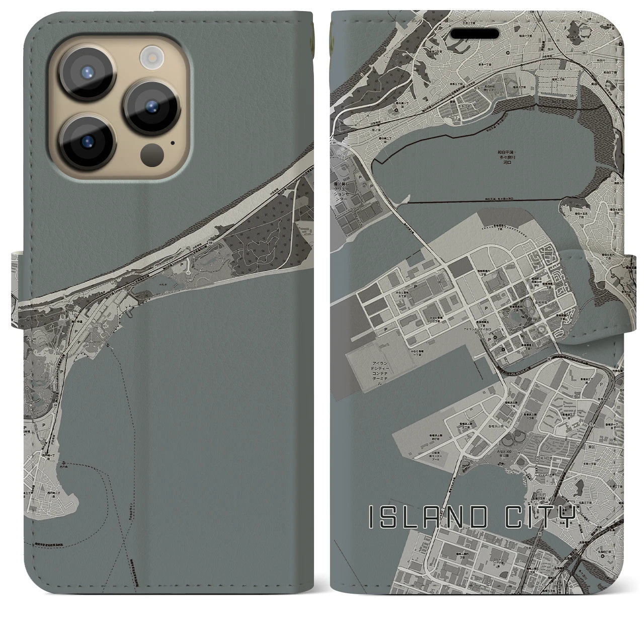 【アイランドシティ】地図柄iPhoneケース（手帳両面タイプ・モノトーン）iPhone 14 Pro Max 用