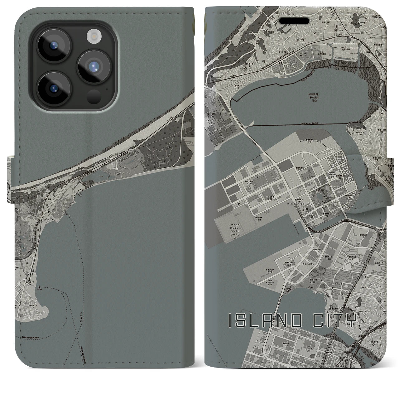 【アイランドシティ】地図柄iPhoneケース（手帳両面タイプ・モノトーン）iPhone 15 Pro Max 用