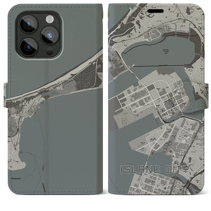 【アイランドシティ（福岡県）】地図柄iPhoneケース（手帳タイプ）モノトーン・iPhone 15 Pro Max 用