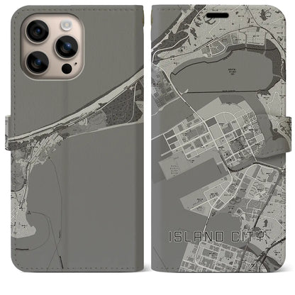 【アイランドシティ（福岡県）】地図柄iPhoneケース（手帳タイプ）モノトーン・iPhone 16 Plus 用