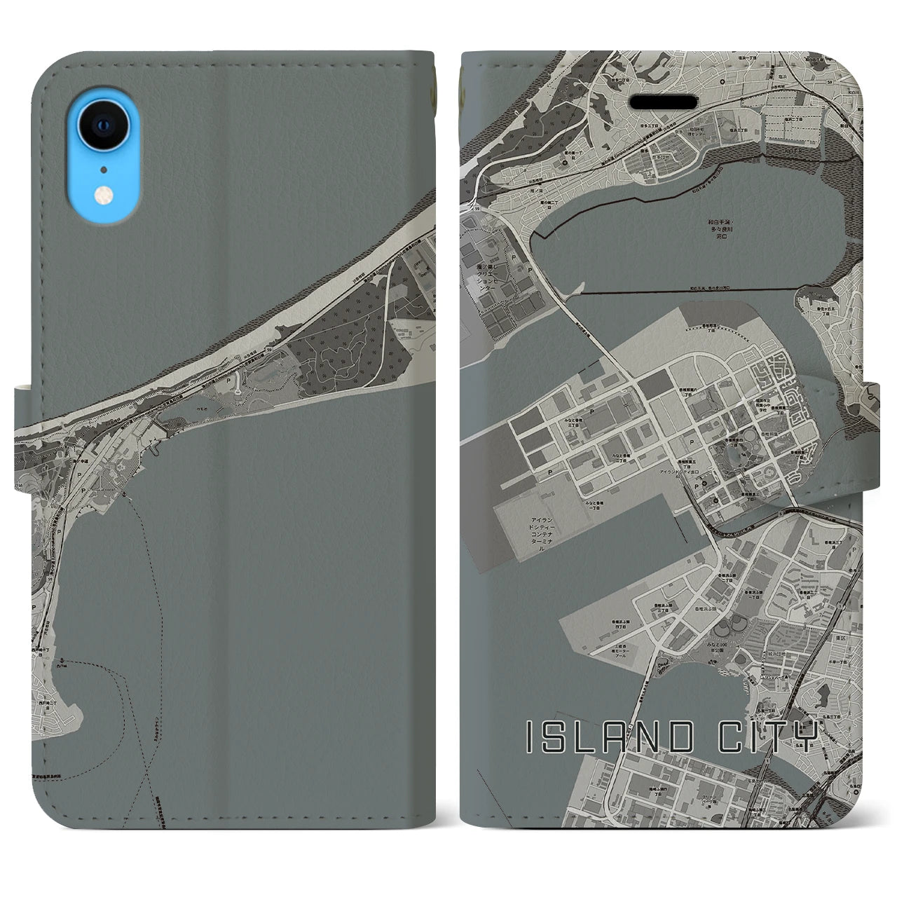 【アイランドシティ】地図柄iPhoneケース（手帳両面タイプ・モノトーン）iPhone XR 用