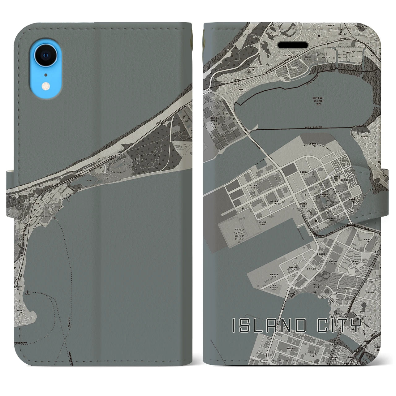 【アイランドシティ（福岡県）】地図柄iPhoneケース（手帳タイプ）モノトーン・iPhone XR 用