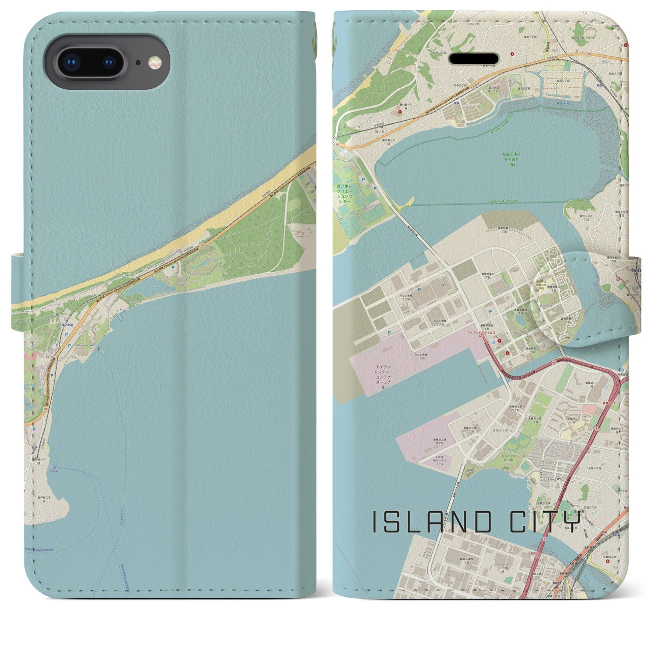 【アイランドシティ（福岡県）】地図柄iPhoneケース（手帳タイプ）ナチュラル・iPhone 8Plus /7Plus / 6sPlus / 6Plus 用