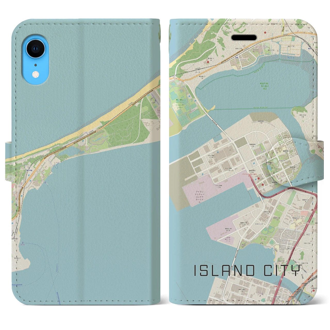 【アイランドシティ（福岡県）】地図柄iPhoneケース（手帳タイプ）ナチュラル・iPhone XR 用