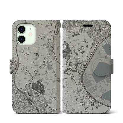 【磯子（神奈川県）】地図柄iPhoneケース（手帳タイプ）モノトーン・iPhone 12 mini 用