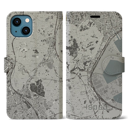 【磯子（神奈川県）】地図柄iPhoneケース（手帳タイプ）モノトーン・iPhone 13 用
