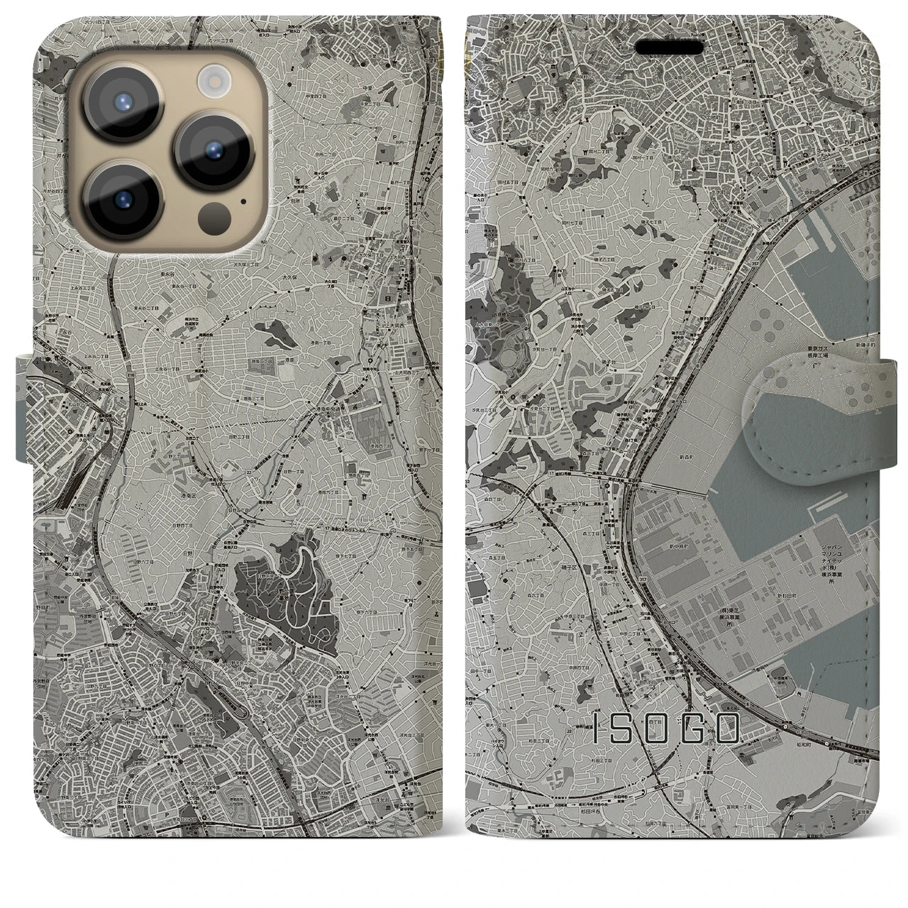 【磯子】地図柄iPhoneケース（手帳両面タイプ・モノトーン）iPhone 14 Pro Max 用