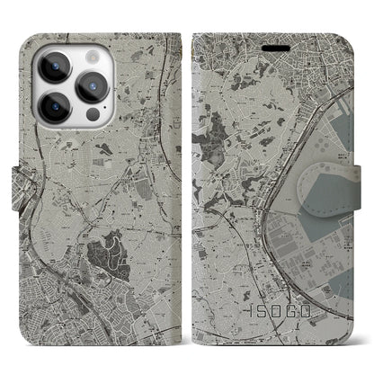 【磯子（神奈川県）】地図柄iPhoneケース（手帳タイプ）モノトーン・iPhone 14 Pro 用