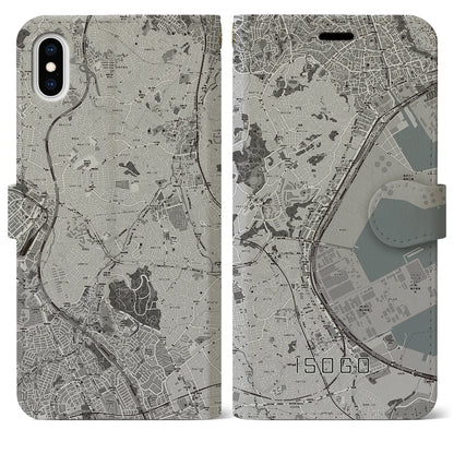 【磯子（神奈川県）】地図柄iPhoneケース（手帳タイプ）モノトーン・iPhone XS Max 用