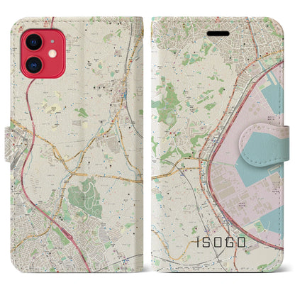 【磯子（神奈川県）】地図柄iPhoneケース（手帳タイプ）ナチュラル・iPhone 11 用
