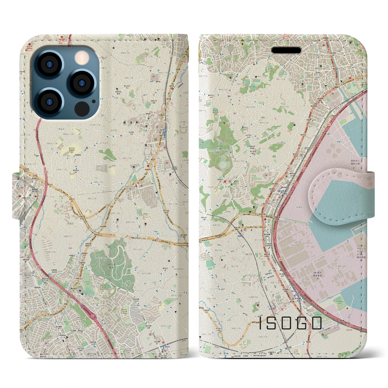 【磯子（神奈川県）】地図柄iPhoneケース（手帳タイプ）ナチュラル・iPhone 12 / 12 Pro 用