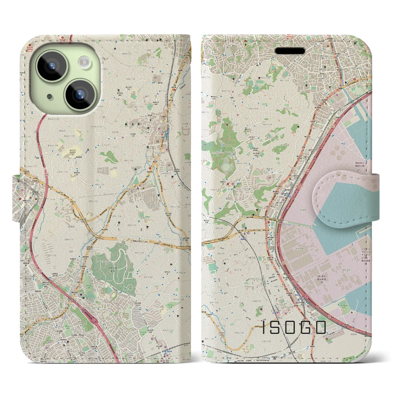 【磯子（神奈川県）】地図柄iPhoneケース（手帳タイプ）ナチュラル・iPhone 15 用