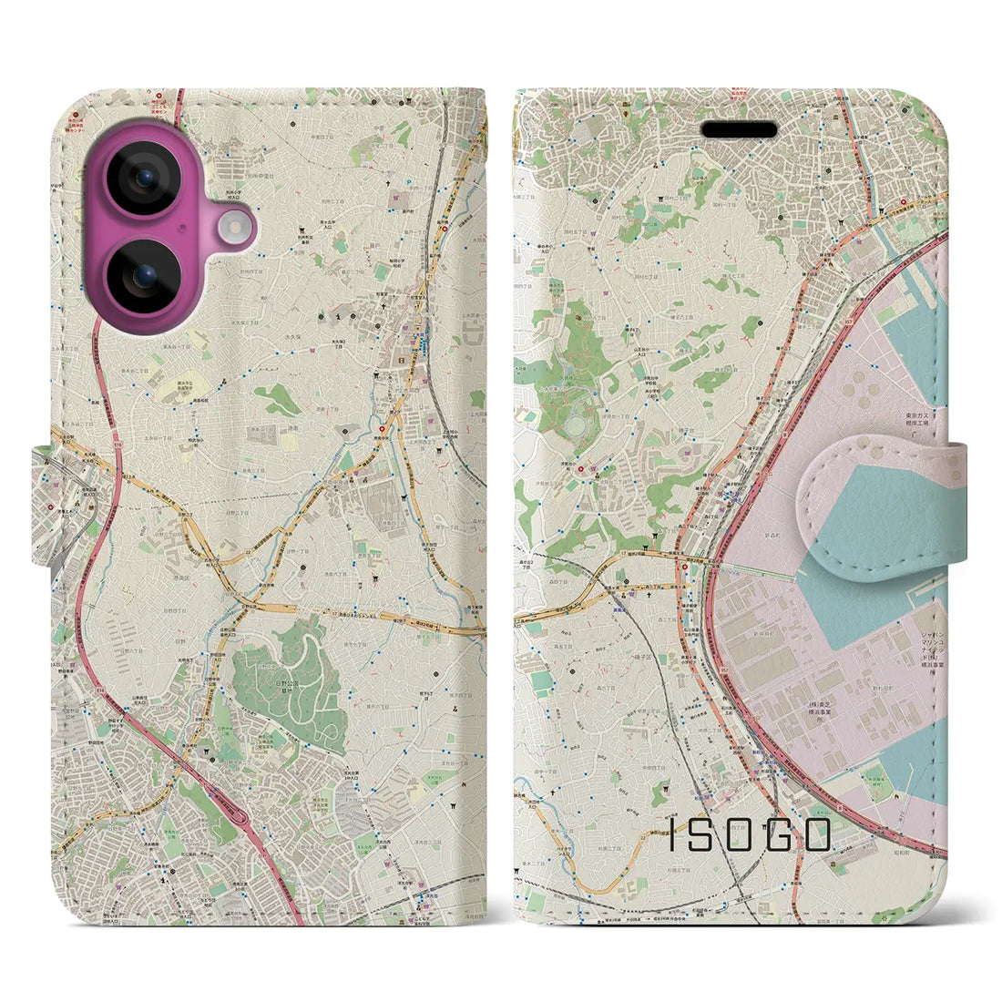 【磯子（神奈川県）】地図柄iPhoneケース（手帳タイプ）ナチュラル・iPhone 16 Pro 用