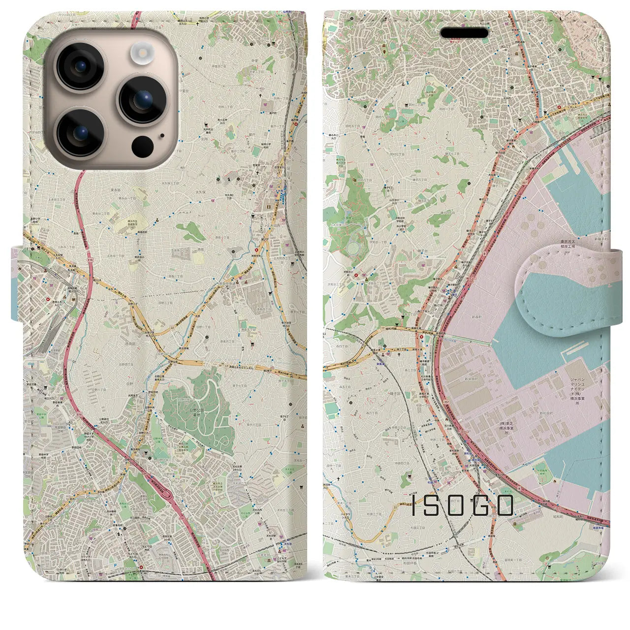 【磯子（神奈川県）】地図柄iPhoneケース（手帳タイプ）ナチュラル・iPhone 16 Plus 用