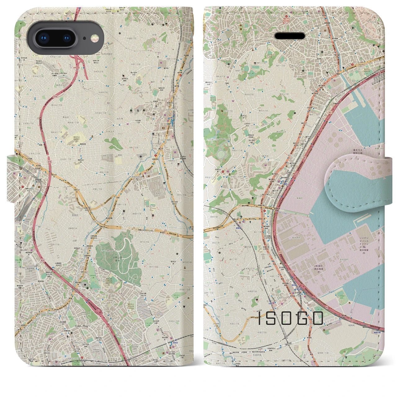 【磯子（神奈川県）】地図柄iPhoneケース（手帳タイプ）ナチュラル・iPhone 8Plus /7Plus / 6sPlus / 6Plus 用