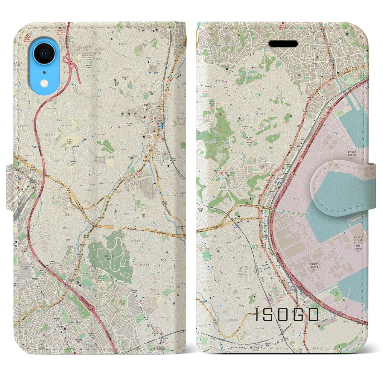 【磯子（神奈川県）】地図柄iPhoneケース（手帳タイプ）ナチュラル・iPhone XR 用