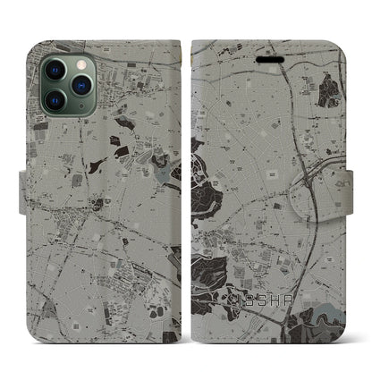 【一社（愛知県）】地図柄iPhoneケース（手帳タイプ）モノトーン・iPhone 11 Pro 用