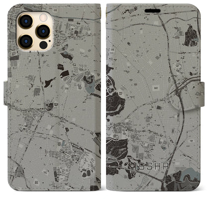 【一社（愛知県）】地図柄iPhoneケース（手帳タイプ）モノトーン・iPhone 12 Pro Max 用