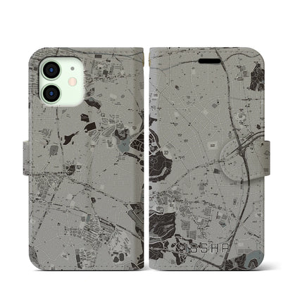 【一社（愛知県）】地図柄iPhoneケース（手帳タイプ）モノトーン・iPhone 12 mini 用