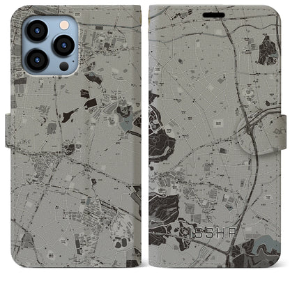 【一社（愛知県）】地図柄iPhoneケース（手帳タイプ）モノトーン・iPhone 13 Pro Max 用