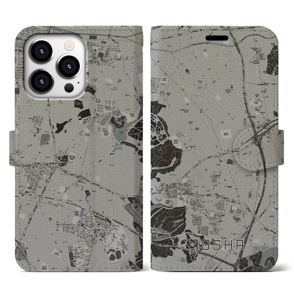 【一社（愛知県）】地図柄iPhoneケース（手帳タイプ）モノトーン・iPhone 13 Pro 用