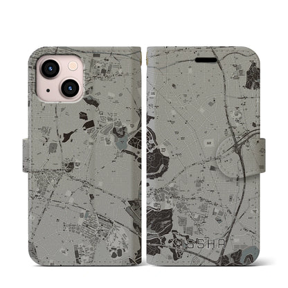【一社（愛知県）】地図柄iPhoneケース（手帳タイプ）モノトーン・iPhone 13 mini 用