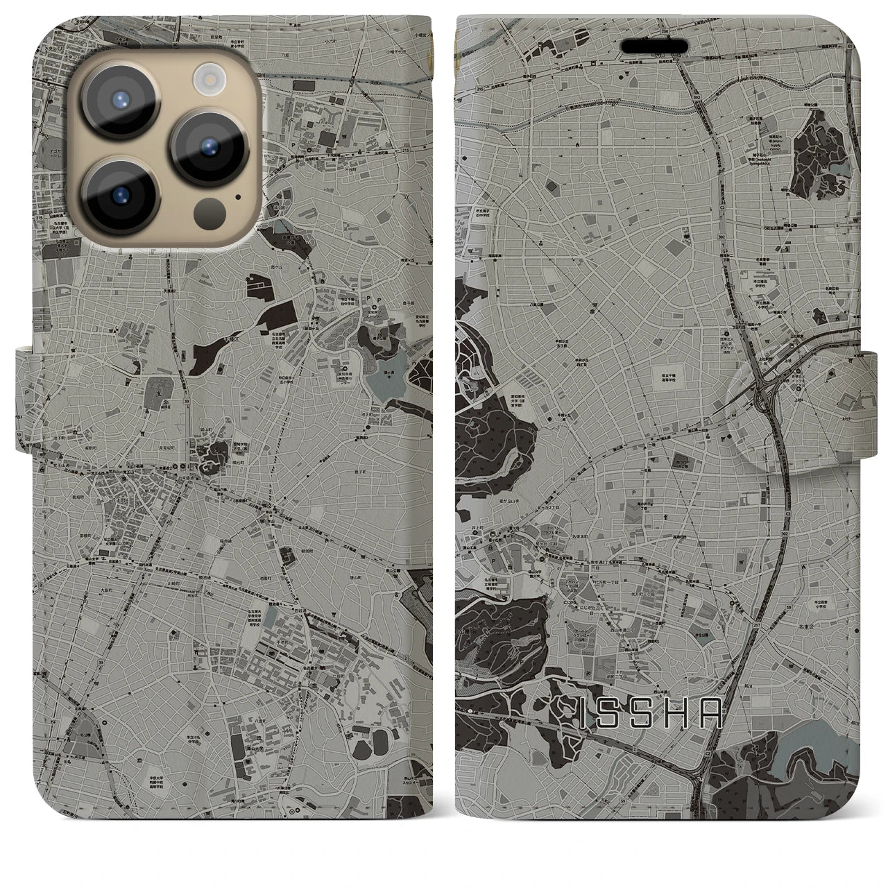【一社】地図柄iPhoneケース（手帳両面タイプ・モノトーン）iPhone 14 Pro Max 用