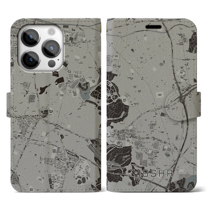 【一社（愛知県）】地図柄iPhoneケース（手帳タイプ）モノトーン・iPhone 14 Pro 用