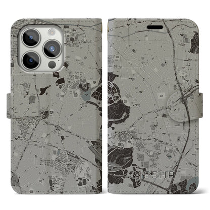 【一社（愛知県）】地図柄iPhoneケース（手帳タイプ）モノトーン・iPhone 15 Pro 用