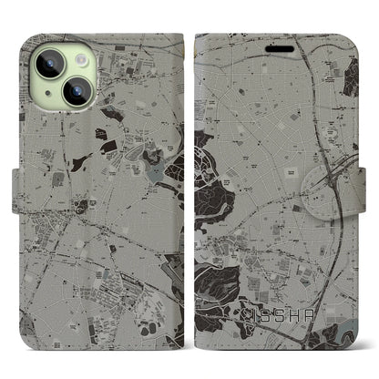 【一社（愛知県）】地図柄iPhoneケース（手帳タイプ）モノトーン・iPhone 15 用