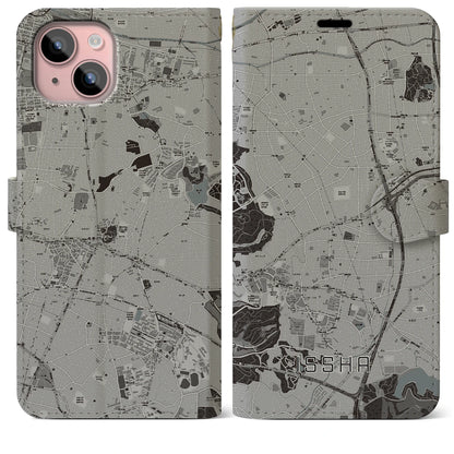 【一社（愛知県）】地図柄iPhoneケース（手帳タイプ）モノトーン・iPhone 15 Plus 用