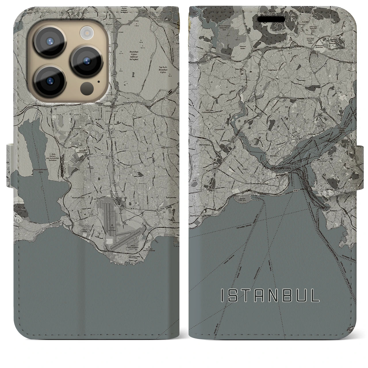 【イスタンブール】地図柄iPhoneケース（手帳両面タイプ・モノトーン）iPhone 14 Pro Max 用