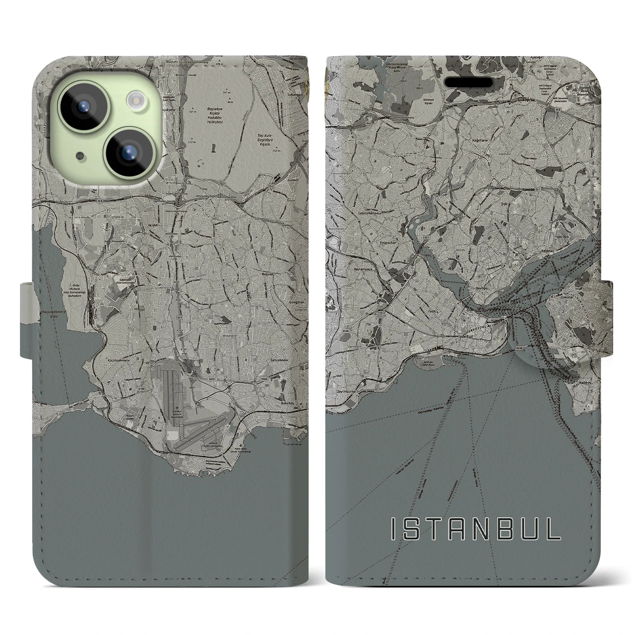 【イスタンブール】地図柄iPhoneケース（手帳両面タイプ・モノトーン）iPhone 15 用