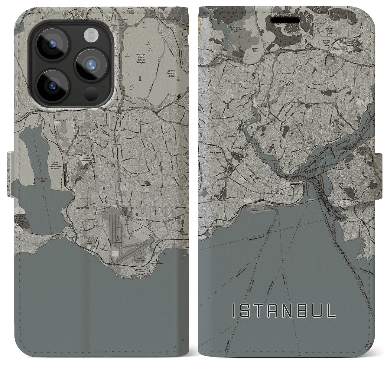 【イスタンブール】地図柄iPhoneケース（手帳両面タイプ・モノトーン）iPhone 15 Pro Max 用