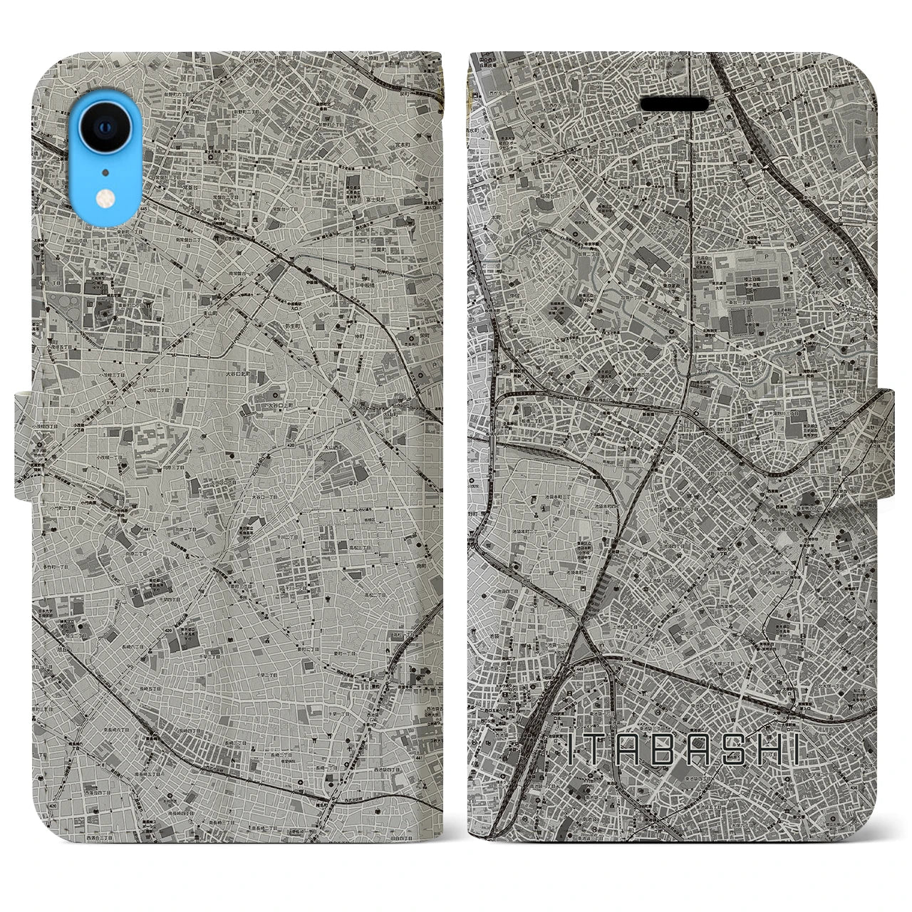 【板橋】地図柄iPhoneケース（手帳両面タイプ・モノトーン）iPhone XR 用