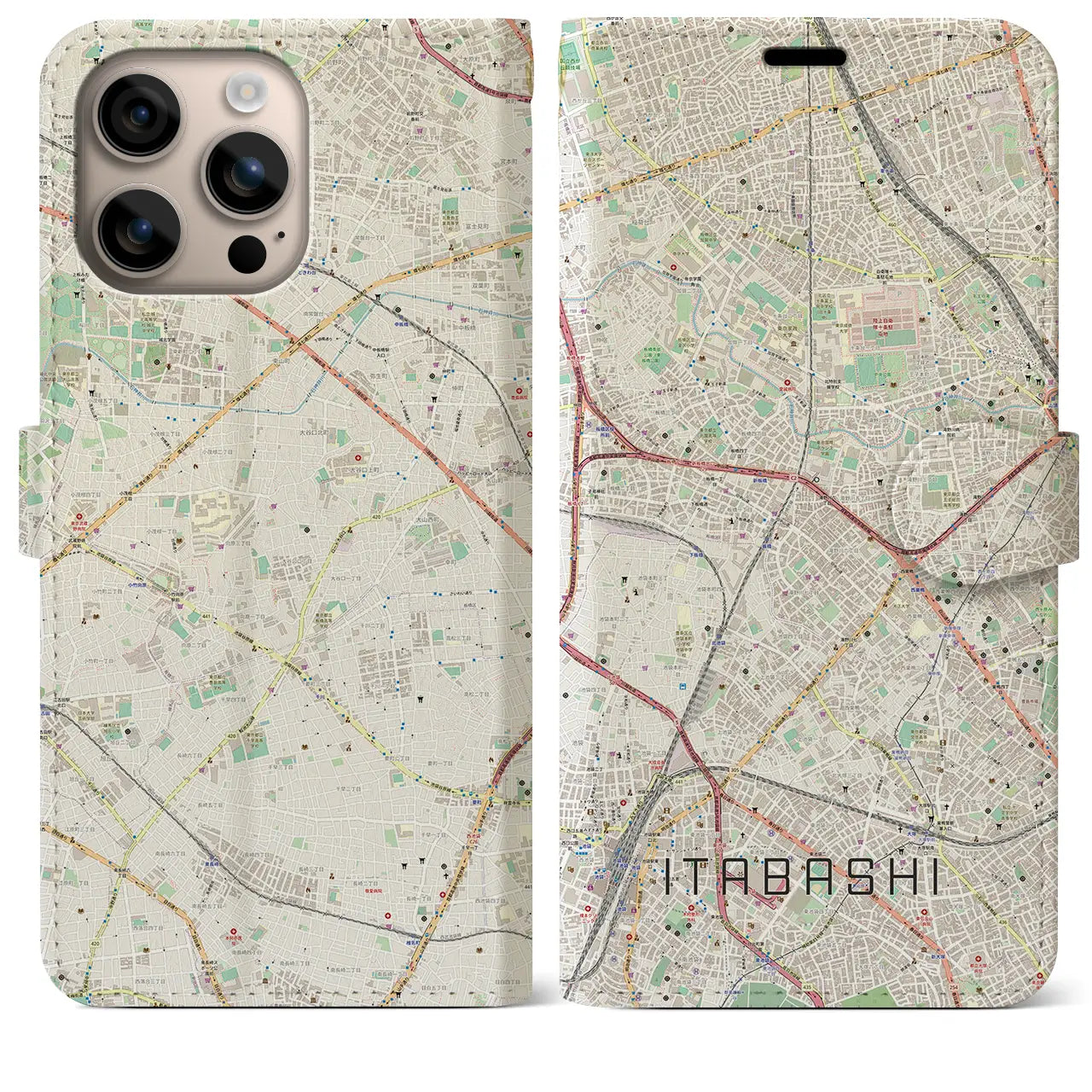 【板橋（東京都）】地図柄iPhoneケース（手帳タイプ）ナチュラル・iPhone 16 Plus 用