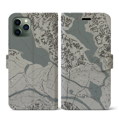 【潮来（茨城県）】地図柄iPhoneケース（手帳タイプ）モノトーン・iPhone 11 Pro 用