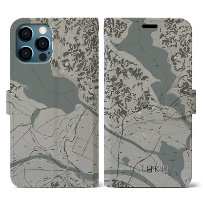 【潮来（茨城県）】地図柄iPhoneケース（手帳タイプ）モノトーン・iPhone 12 / 12 Pro 用