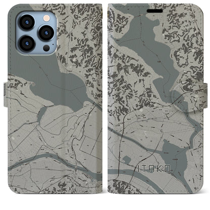 【潮来（茨城県）】地図柄iPhoneケース（手帳タイプ）モノトーン・iPhone 13 Pro Max 用