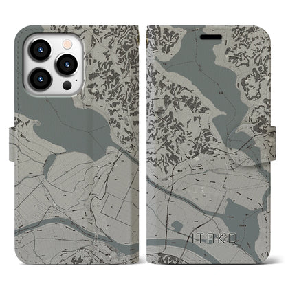 【潮来（茨城県）】地図柄iPhoneケース（手帳タイプ）モノトーン・iPhone 13 Pro 用