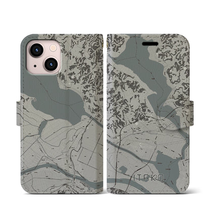 【潮来（茨城県）】地図柄iPhoneケース（手帳タイプ）モノトーン・iPhone 13 mini 用